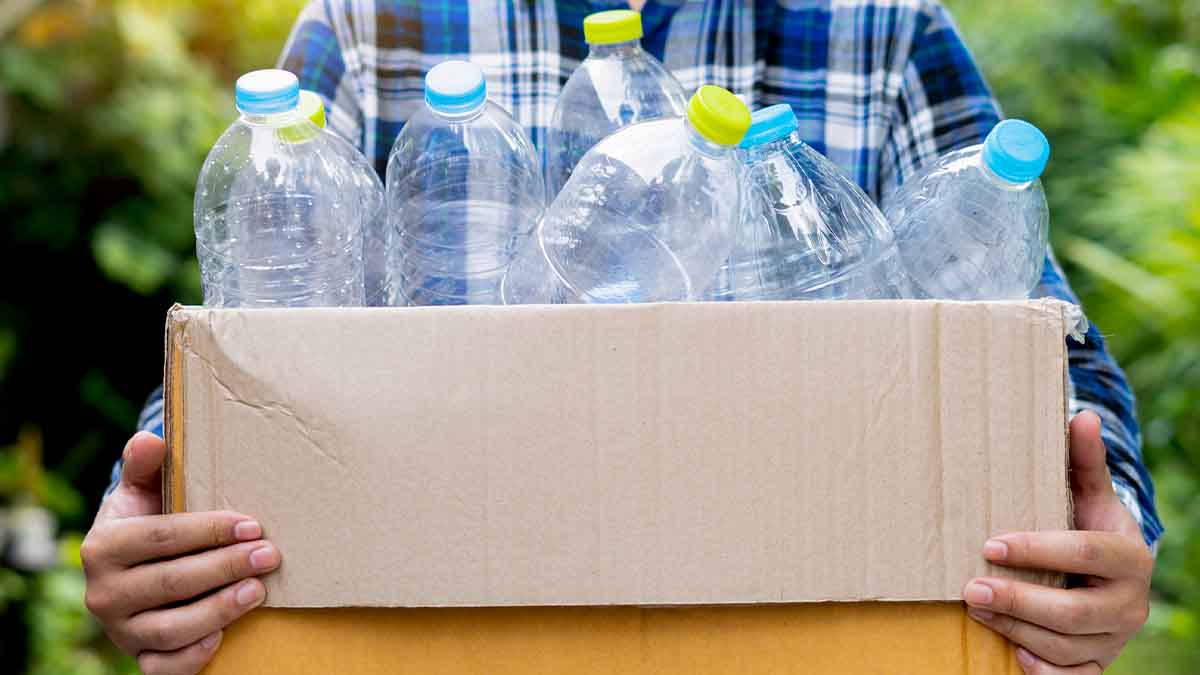 Mujer cargando botellas de plástico en caja cartón
