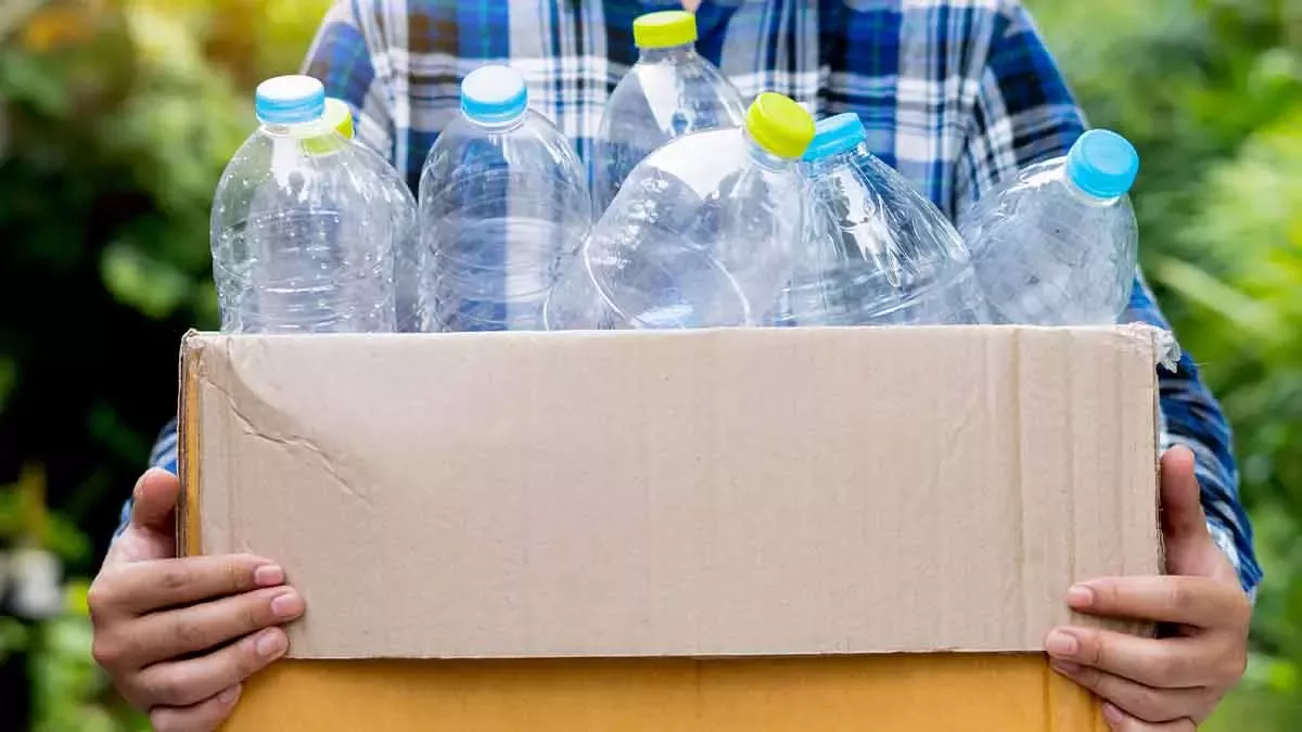 Mujer cargando botellas de plástico en caja cartón
